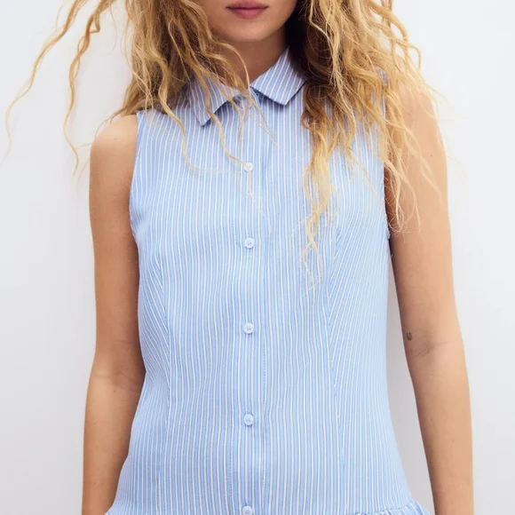 H&M Sleeveless Blue Pinstripe Shirt Dress - Picture 2 of 6